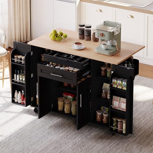 Oslghy Küchenwagen, Kücheninsel Buffetschrank mit Arbeitsplatte klappbar und Rollen, Küchenschrank, Servierwagen mit verstellbare Einlegeböden,Gewürzregal und Handtuchhalter,136x45-70x92cm (Black)