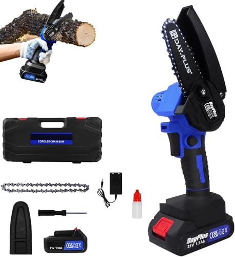 21V Akku Kettensäge mit Akkus, 2 Kette, 6 Zoll Blau Kettensäge Elektrisch Handsäge Einhand Handkettensäge mit Sicherheitsschloss für Gartenarbeit Baumbeschneidung Holzschneiden