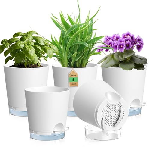 WSMKSZ 10 cm Selbstbewässerungstopf, 5er Set Kleine Pflanztöpfe, Weiß | Kunststoff Blumentopf Selbstbewässernd mit Transparentem Untersetzer & Abflusslöchern, Sichtbarem Wasserstand