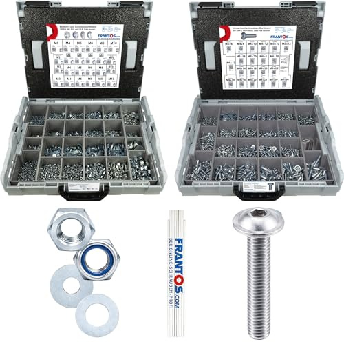 FRANTOS L-BOXX Schrauben Muttern Sortiment 9.215 tlg. (Stahl verzinkt) Set aus ISO 7380-2 Linsenkopfschrauben + Sechskantmuttern, Stoppmuttern & Unterlegscheiben inkl. Meterstab