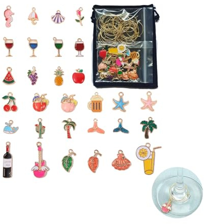 Pinpulux 30pcs Summer Beach Wine Glass Charms for Stem Glasses,Champagne Charm Rings Funny Drink Markers Tags with Buckle for Party Identification Cocktail Starfish Flamingo Pineapple Decorations