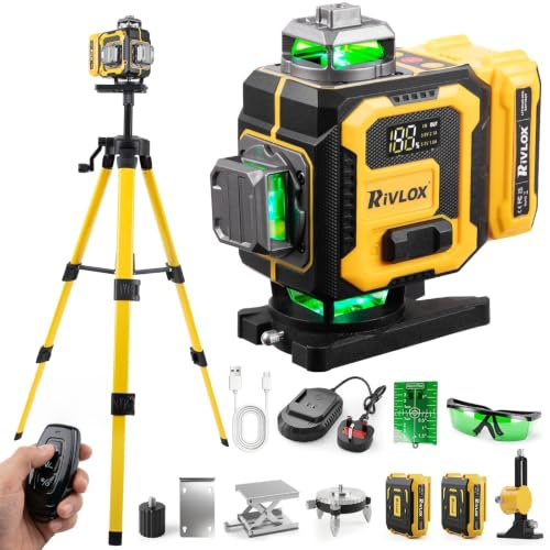 Rivlox Laser Level with Tripod, 4x360° Self Leveling Laser Level | 4D Self-Leveling Cross 16 Lines Laser Level With 2 Pcs Lithium Batteries for Picture Hanging, Tile, Home Renovation, Indoor