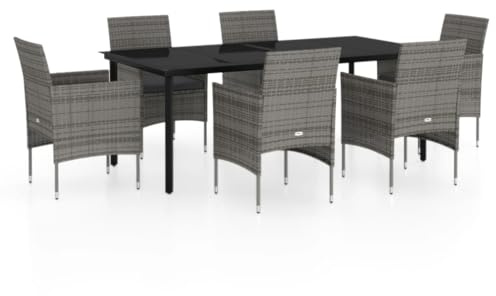 XHNIFBN 7-TLG. Garten-Essgruppe, Rattan Gartenmöbel Set mit Glastisch 200x100 cm und 6 Stühlen inkl. Sitzkissen, Terrassen Esszimmergarnitur mit Stahlrahmen, Grau Schwarz