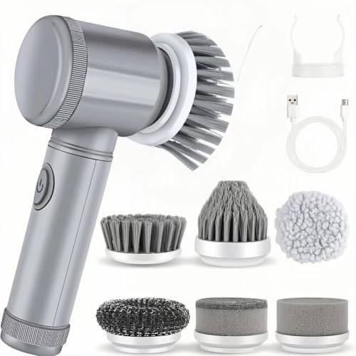 Electric cleaning brushes for the kitchen and bathroom; a 6-in-1 multi-purpose cleaning brush suitable for cleaning kitchenware, kitchen and bathroom walls, bathtubs, tiles, glass and more