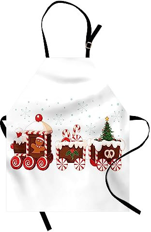 ABAKUHAUS, Weihnachten Kochschürze, Klare Farben Höhenverstellbar waschbar schmutz Druck, Mobiler Lebkuchenzug mit Lebkuchen Mann Süßigkeiten und Tannenbaum im Wagon, Weiß Braun Vermilion