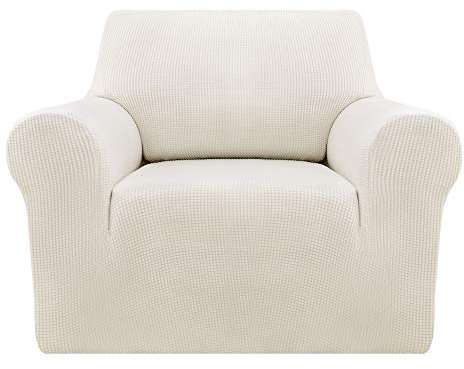 Deconovo 1 Stück Sofabezug, Jacquard, 1-Sitzer, dehnbar, bequem, Sofabezug mit Armlehnen, weiß