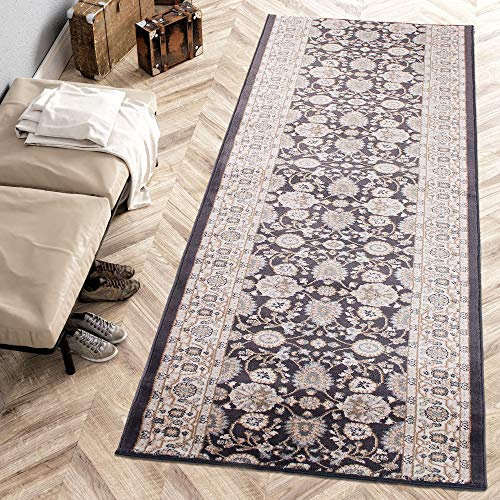 Carpeto Rugs Blumen Teppich Läufer Flur - Orientalisch Teppichläufer - Kurzflor, Weich - Flurläufer für Wohnzimmer, Schlafzimmer - Teppiche - Meterware - Anthrazit Schwarz - 70 x 450 cm