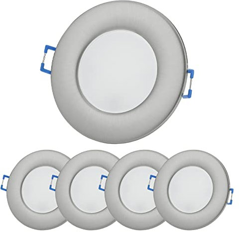 Sweet Led Einbaustrahler 230V IP44 – 5er Set flache Deckenspots 6,5W 530lm warmweiß 3000K Ø68mm Einbau – Chrom gebürstet für Bad, Küche, Feuchträume
