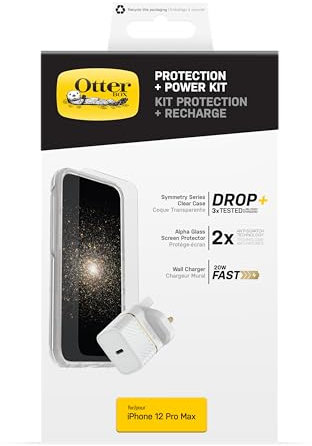 OtterBox Drop Protection Bundle for Apple iPhone 12 Pro Max, Symmetry Clear Protetive Thin Case, Alpha Glass Sreen Protector and UK USB-C 20W USB-C PD Fast Wall Charger, White