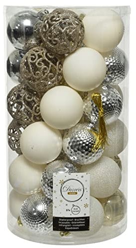 dekorativer bruchfester Kugelmix als 37er Set Weihnachtskugeln Baumkugeln bruchfest für innen und außen Durchmesser 6 cm in verschiedenen Oberflächen und Mustern (Gold Silber weiß)
