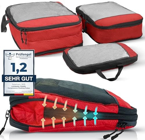 LOONARA Travel Packtaschen Kompression für Koffer und Rucksack [3-teilig] - mehr Platz im Koffer oder Backpack durch Kompression – Packwürfel Kompression (rot)