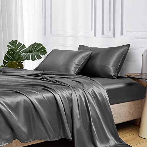 Lanqinglv Luxus Satin Spannbettlaken Bettlaken 200x200 cm bis 25-30 cm Steghöhe Boxspringbett Topper 110g/m² Glatt Seide Glanzsatin Boxspringbett Spannbetttuch Leintuch,Dunkelgrau Grau,1 Stück