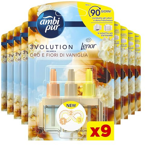 Ambi Pur 3Volution, Profumatore per Ambienti, Oro e Fiori di Vaniglia, 9 Ricariche, Deodorante ambiente Elimina Odori, Fino a 90 giorni di Profumo per Ricarica