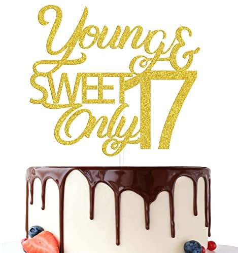 Young and sweet only 17 Cake Topper, Happy 17th Birthday Cake Topper, Hello 17 Cake Decoration, Cheers to 17 Years Birthday Anniversary Party Decorations Gold Glitter