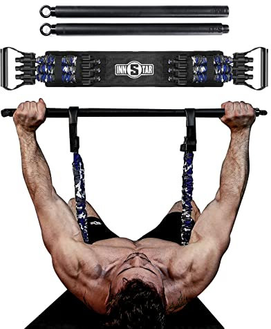 INNSTAR Tragbares Bankdrücken Widerstandsbänder, Verstellbare Bench Press Bands mit 91cm Fitness Stange, Brusttrainer für Arm, Rücken, Bizeps und Brustmuskeln Krafttraining (Women|105LBS)