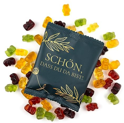 Lucky Treats - Schön dass du da bist Fruchtgummi Päckchen - 25 Stück - Dunkelgrün Matt - Gold Deko - Gummibärchen Gastgeschenke Hochzeit Taufe Geburtstag - Made in Germany