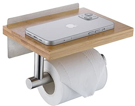 HomeHeng Toilettenpapierhalter mit Natürlichem Bambus Ablage Klopapierhalter Edelstahl Ohne Bohren Klorollenhalter Selbstklebend oder Wandmontage,Gebürsteter Nickel H98903BN
