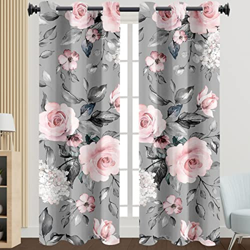 Morbuy Gardinen Blickdicht Vorhänge 2er Set mit Ösen, 3D Blumen Druck Modern Verdunkelungs Thermo Vorhänge Vorhänge-Set für Wohnzimmer Schlafzimmer Kinderzimmer (132x182cm,Grau)