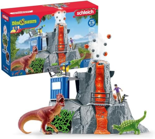 schleich 42564 DINOSAURS Große Vulkan Expedition, Dinosaurier Spielzeug Set inkl. Vulkan mit LED-Licht- & Ausbruchsfunktion, Forscherin Figur & 2 Dinosaurier Figuren, Altersempfehlung 5-12 Jahre