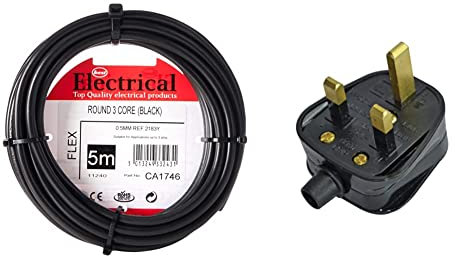 Merriway BH01494 3-Core Round Black Flexible Cable 2183Y 0.5 mm - 5 Metre Cut Length and Faithfull FPPPLUG13R Black Plastic Plug 230V 13A
