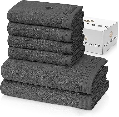KLASBROOK® Linnea 6 teiliges Luxus Handtücher Set Anthrazit, extra flauschig und saugfähig aus 100% Baumwolle Oeko-TEX 100 Zertifiziert mit Aufhänger, 4 Handtücher 50x100 + 2 Badetücher 70x140