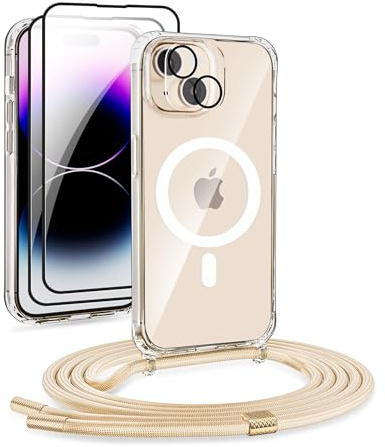 DiDaDi Handyhülle für iPhone 13 Mini Hülle mit Band & Magnet - Transparente Handykette, Abnehmbar mit 2X Panzerglas + Kameraschutz | Profi-Schutz Display & Kamera | Magnetisch Kompatibel (Gold)