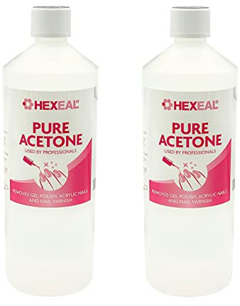 Hexeal Pure Acetone 2L – 2 x 1L Bottles of 99.5% High Strength Acetone for Nail Polish & Nail Varnish Removal – Professional Quality Gel Polish & Acrylic Soak Off & Removal