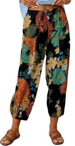ASKSA Womens 7/8 Printing Linen Trousers Wide Pants Summer Casual Lightweight Loose with Pockets (Black,3XL)