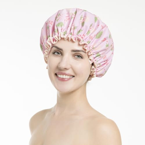 HIEERBUS Shower Cap,Reusable Bath Shower Caps,Oversized Double Layer Waterproof Bathing Shower Hat Hair Protector with PEVA Lining & Elastic Band Stretch Hem Hair Hat for Women Men (Flamingo-Pink)
