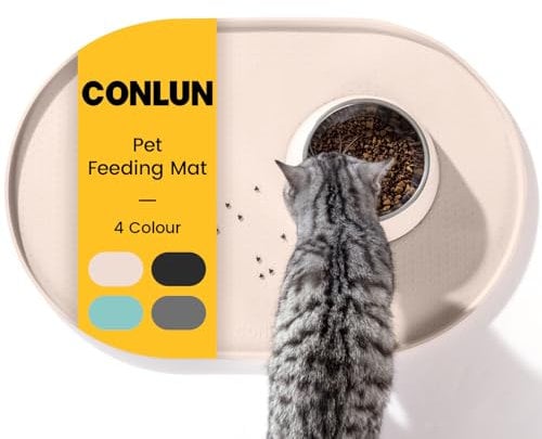 Conlun Cat Food Mat,1.2 cm Raised Edges Dog Bowl Mat for Spill Containment,BPA-Free Silicone Pet Food Mats for Floors Waterproof,Rubber Dog Feeding Mat for Food and Water Bowls(Beige,81x51cm)