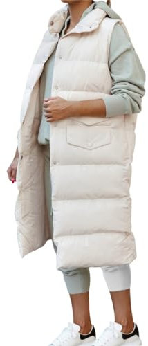 WILMOT Lang Weste Damen Winter Warm Steppweste Ärmellose Leicht Winterjacke Casual Einfarbig Longweste mit Kapuze Daunenweste Baumwolle Elegant Wintermantel Outdoor Daunenjacke(White,M)