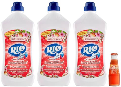 3x RIO Bum Bum Pavimenti, detergente per pavimenti con alcool, profumo di Pesco Fiorito, 1000ml + 1x Gingerino Recoaro Aperitivo Italiano 10cl IN OMAGGIO