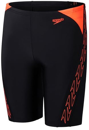 Speedo Maillot de Bain Jammer Hyperboom Splice, Résistant au Chlore, Séchage Rapide, Tissu Extensible, Coupe Confortable Jammer pour Garçon, Noir, Rouge Sirène, 13-14 Années