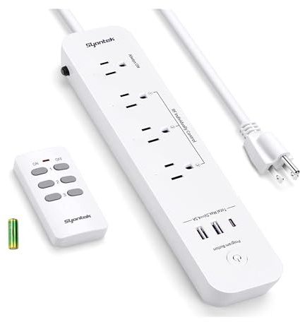 Fernbedienung Power Band mit 3 USB (2 Typ A und 1 Typ C), 3 RF gesteuerte Steckdosen, 1,5 m langes Verlängerungskabel, 15 A/1875 W Fernsteuerungsbuchse für