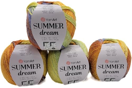 400 Gramm Summer Dream Strickgarn, 4 x 100 Gramm 70% merzerisierter Baumwolle und 30% Viskose, mehrfarbig (grün terrakotta gelb ua 4301)