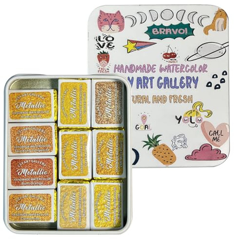 CSY art gallery Gold Handmade Mica Watercolour Paint Set in Tin Case Metallic Full Pans Water Colour Sparkly, Shimmer, Glitter for Artists in Hand Lettering, Junk Journaling, Painting(Set 1)