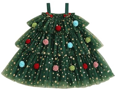 Vestito natalizio da bambina, con paillettes e pompon a strati, in tulle, tutù da principessa, Verde, 4-5 Anni