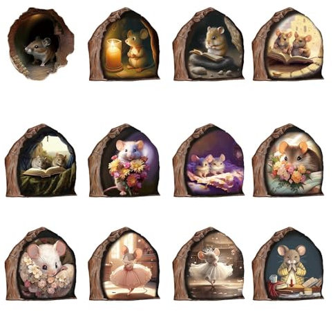 Fukamou Mausloch Realistischer Wandaufkleber,12 Stück Lustige Kunst-Wand-Aufkleber - Lustiger, Bezaubernder- PVC-Aufkleber „Maus Im Loch“ Zum Abziehen Und Aufkleben Für Kinderzimmer,