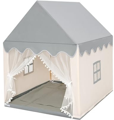 HOMASIS Tenda Cameretta per Bambini Con Tetto e Finestre, Capanna da Interno Con Struttura in Legno, Casetta Gioco Con Tappettino, 120 x 105 x 140 cm (Modello 2, Beige)