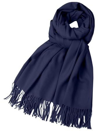 Lazzboy Schal Damen Einfarbig Kuschelige Warme Winter Klassiker Schals Langer Fransen Pashmina Übergroßer Winterschal Schultertuch Deckenschal Weicher Warmer Oversized Poncho (Marine)