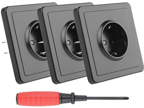 LongZYU 3 Pièces Prise Murale Simple Prise de Courant à Encastrer Prises ÉLectriques Standard 16 A 250 V Prise Encastrable avec Terre Prises Noir avec Griffes pour Cuisine Chambre, 84 mm x 84 mm