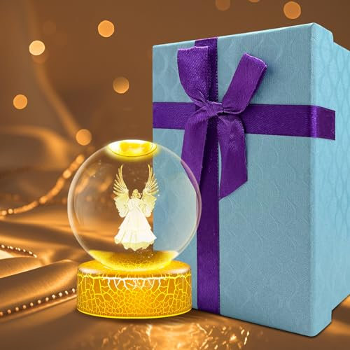 3D Kristallkugel Nachtlicht, 60mm Engel Mond Leuchtende Glaskugel Lampe mit Sockel, USB Katze Blume Schmetterling Kristallkugel Nachtlicht Kinder, Geschenk für Frauen Weihnachtsdeko Ramadan Deko (A)