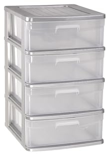 Large Plastic 4 Drawer Storage Tower Unit Chest Home Office School (Silver)