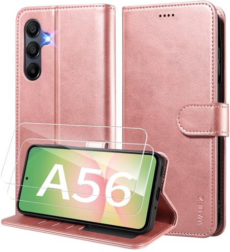 WAURZ Coque pour Samsung Galaxy A56 5G Etui Coque avec 2 Verre Trempé Porte Carte Clapet à Rabat Portefeuille Cuir Case Housse Protection Flip Cover Étui Coque pour Samsung Galaxy A56 5G,Or Rose