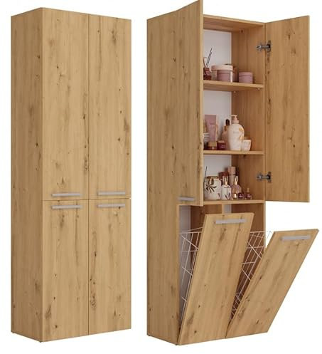 BDW Badezimmerschrank, 2- Wäschekorb, 2 - Türen 174 x 60 x 30cm Unterschrank, Waschbeckenunterschrank, Hochschrank, Badmöbel, Bad-Hochschrank, Badregal, NEL 2K/DD (Artisan-Eiche)