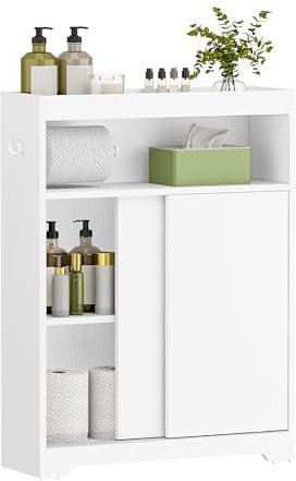 Hzuaneri Badezimmerschrank, Nischenschrank, Platzsparende Badschrank mit Toilettenpapierhalter und Haken, Schiebetür, Verstellbares Regal, für Das Badezimmer, 20 x 60 x 80 cm, Weiß BC62813X
