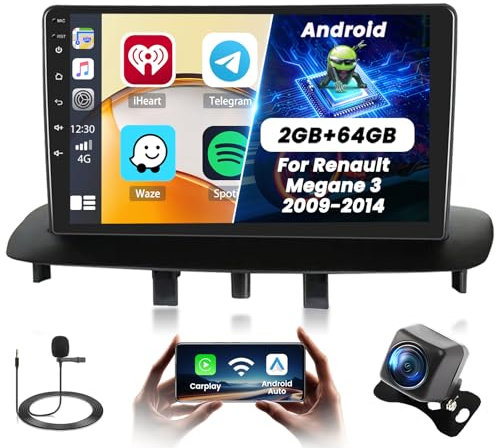 Fuluku 2+64G Android Autoradio per Renault Megane 3 2009-2014 con Wireless Carpaly&Android Auto, 9'' IPS Touchscreen Radio con Bluetooth/GPS/Telecamera di Retromarcia/FM/WiFi/SWC/26UI