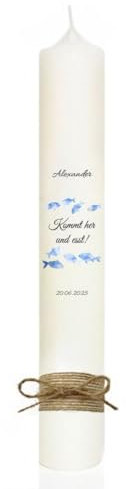 MilaBoo® personalisierte Kommunionkerze I 40 x 4 cm premium Kerze mit RAL I beidseitig bedruckt in Farbe I Made In Germany (Fische blau)