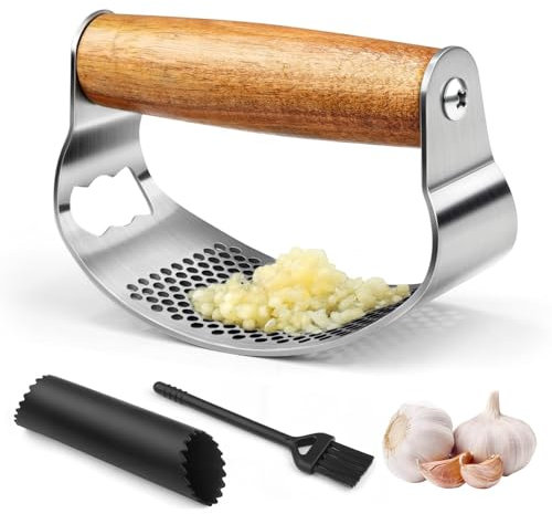 NEUTYPECHIC Presse Ail Inox Professionnel, Presse Ail a Bascule, Multifonction Bascule à Ail Avec Décapsuleur, éplucheur D'ail et Brosse de Nettoyage, Pour L'ail, Gingembre, Passe au Lave vaisselle