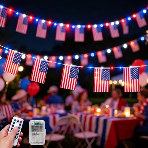 HOLITS LED-Lichterkette für den 4. Juli, rot, weiß und blau, 30 m, patriotische Flaggen, Lichterkette mit amerikanischer Flagge für Unabhängigkeitstag, Gedenktag, Dekoration, batteriebetrieben